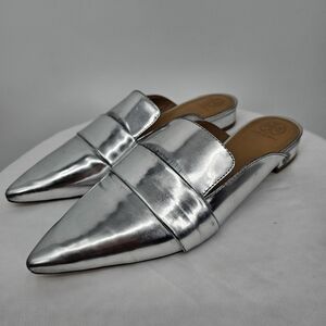 Tory Burch Metallic Silver Pointed Toe Leather Mules